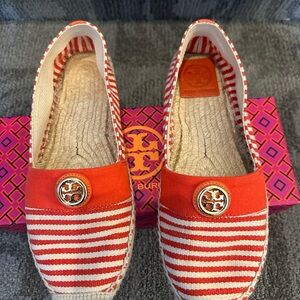 Tory Burch orange and cream Espadrilles